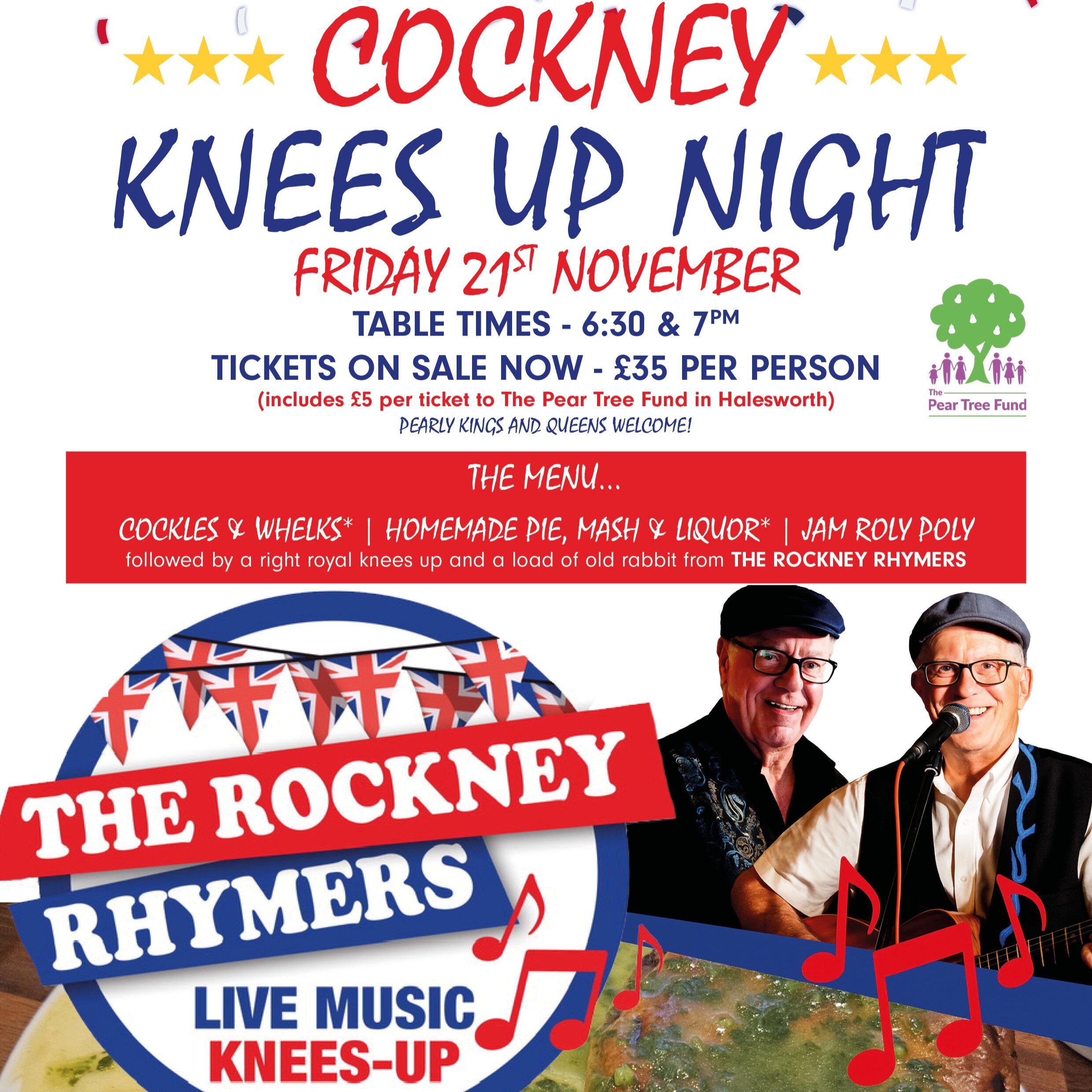 cockney night A4 0725 A poster advertising a charity evening at a pub